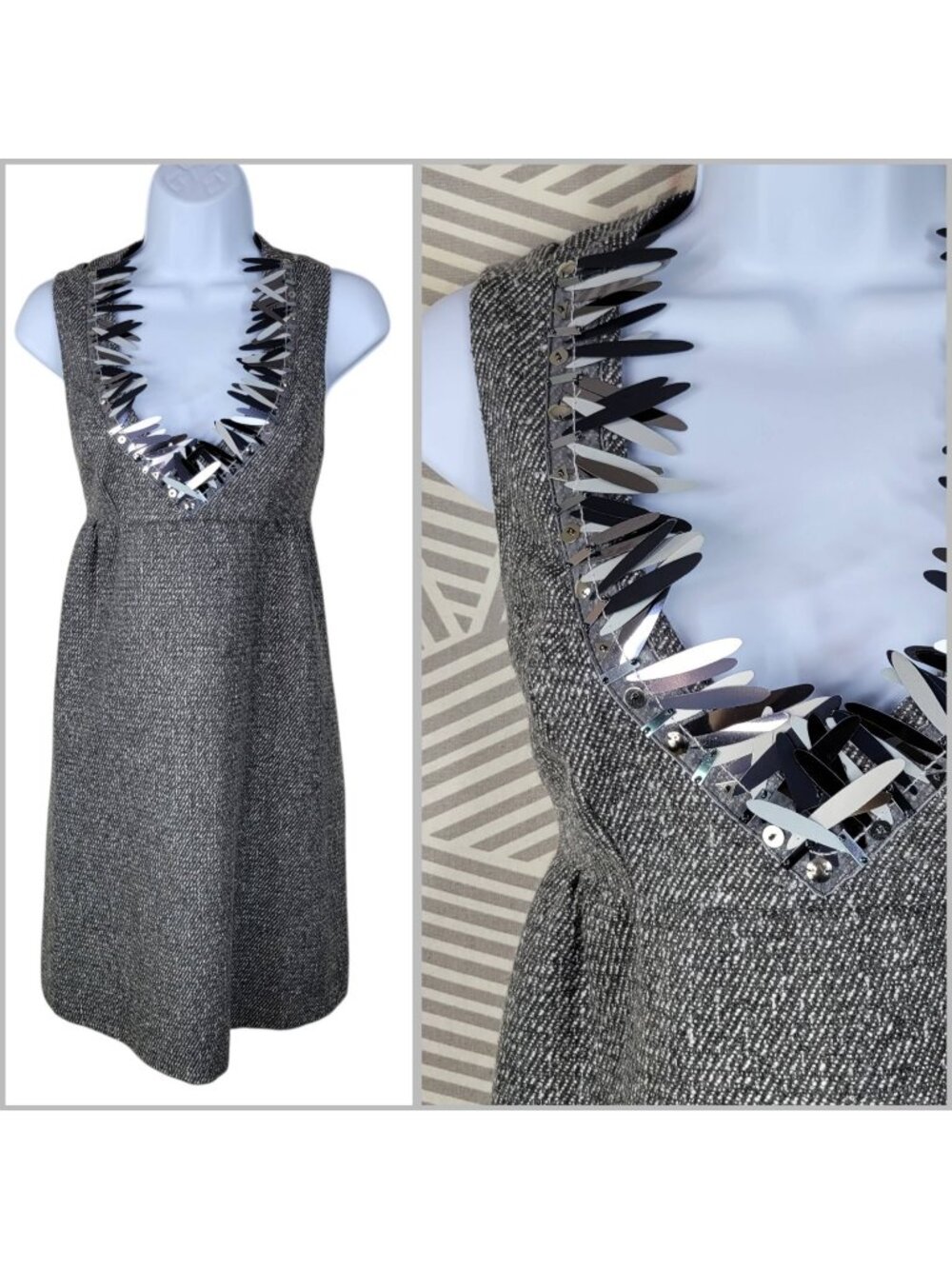 ANNA SUI for Target Gray Tweed Cocktail Dress Metallic Accents Size XS Wool Blnd